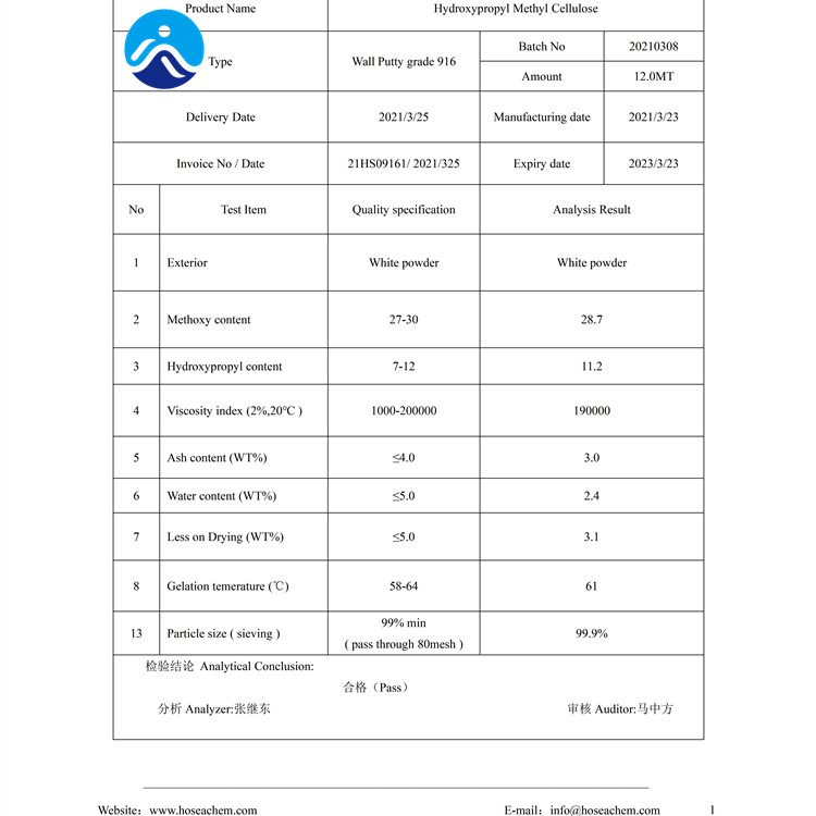 Hydroxy Propyl Methyl Cellulose COA